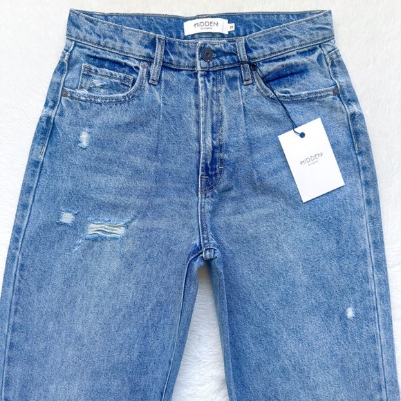 HIDDEN Dad Jean High Rise Wide Straight Leg Distressed 100% Cotton Jeans - Picture 4 of 12